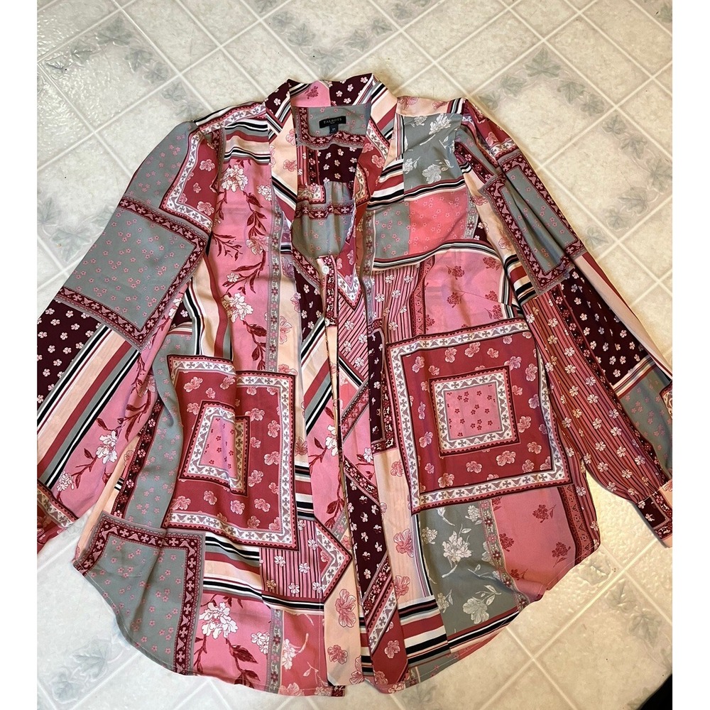 Talbots Rose Patchwork Pattern Tie Neck Button Front Long Sleeve Silky Blouse 2X